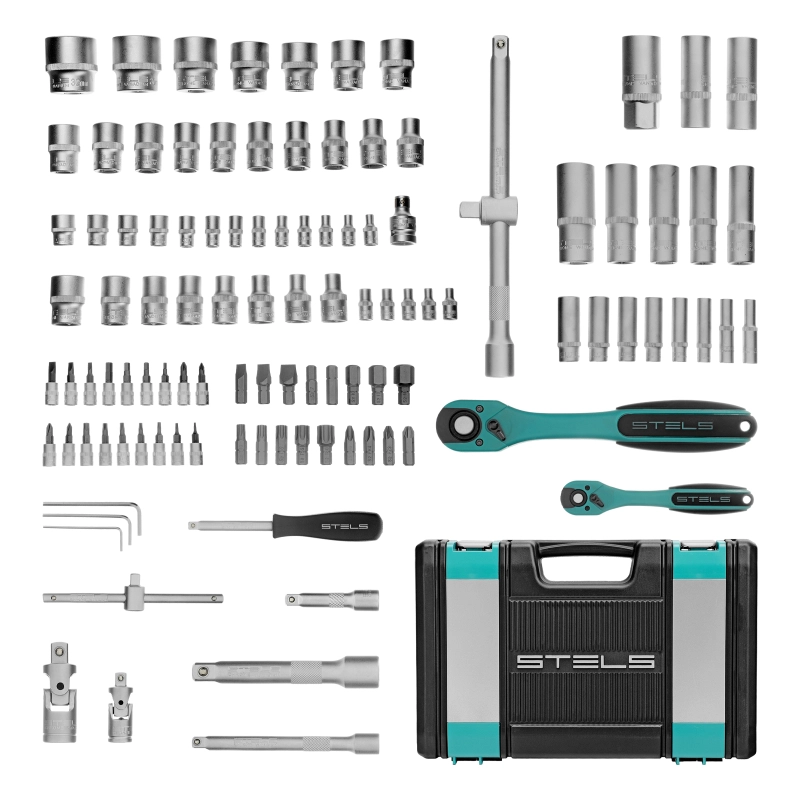 Набор инструментов 1/2", 1/4", CrV, 12 гранные головки, пластиковый кейс, 109 предмета Stels (14122)