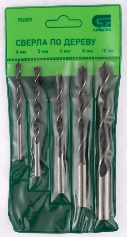 Набор сверл по дереву, 4-5-6-8-10 мм, 5 шт, цилиндрический хвостовик Сибртех (702205)