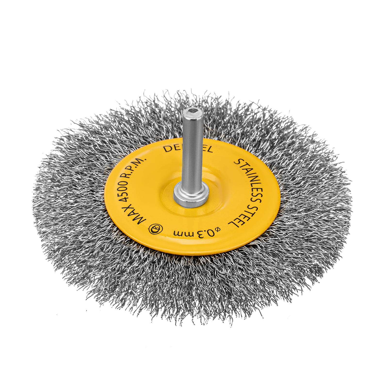 Щетка для дрели 100 мм, Плоская, со шпилькой, нержавеющая витая проволока Denzel (744793)
