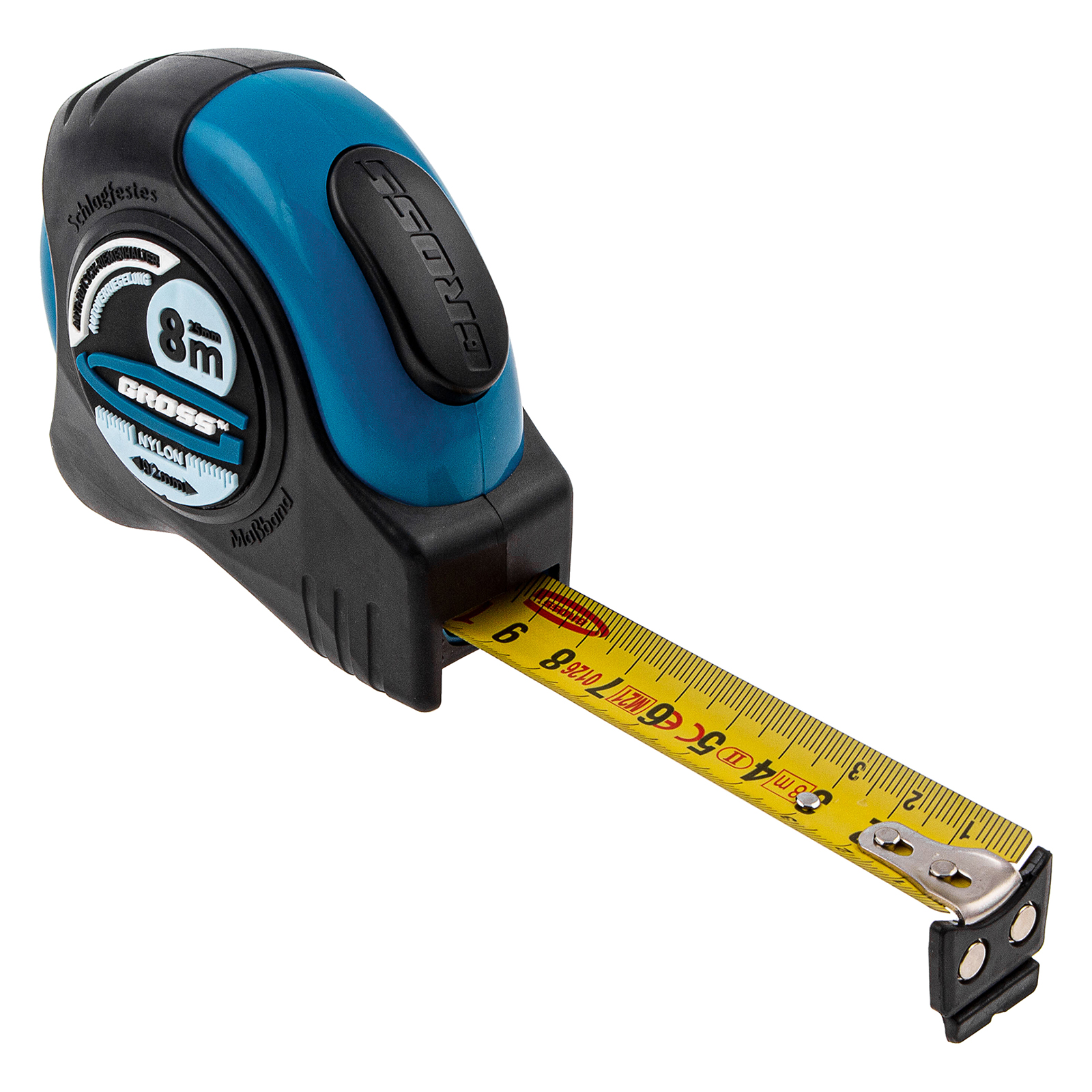 Рулетка "Schlagfest",8 м x 25 мм,магнитный обрезиненный зацеп,двусторонняя шкала,Нейлоновое покрытие,автоматическая фиксация Gross (31114)