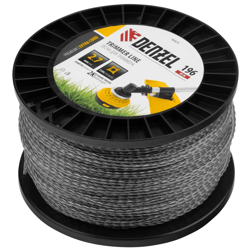 Леска для триммера двухкомпонентная витой квадрат, 2,7мм х 196м, на DIN катушке EXTRA CORD Denzel (96824)