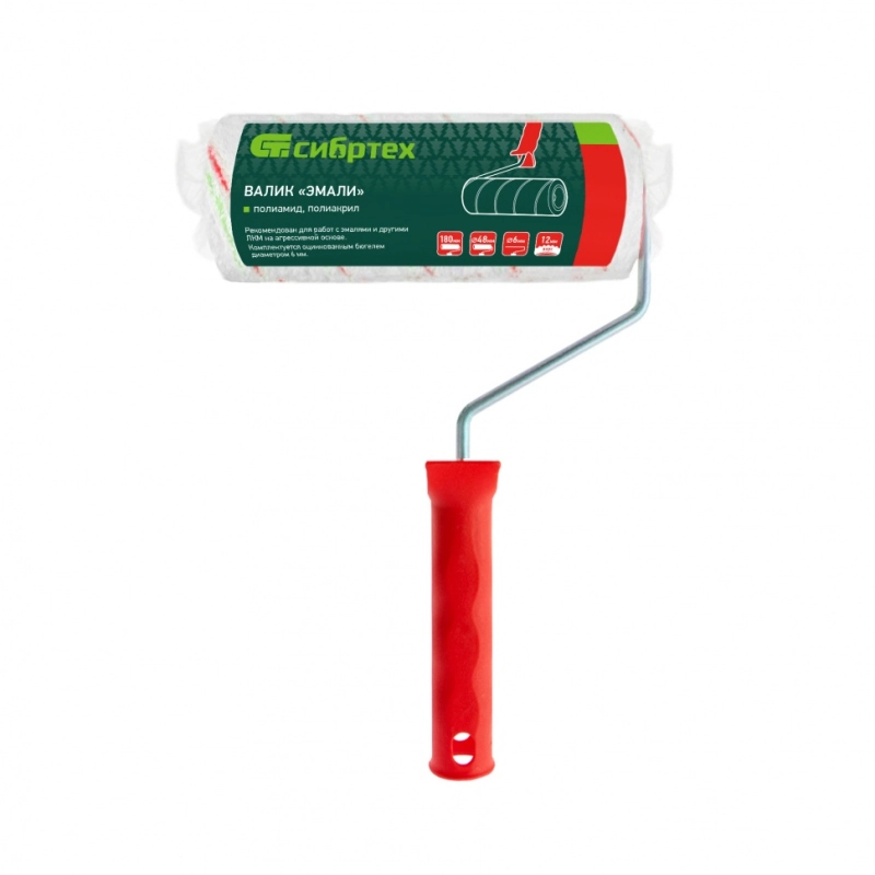 Валик "Эмали" , 180 мм, ворс 12 мм, D - 48 мм, D ручки - 6 мм, полиамид, полиакрил Сибртех (80196)