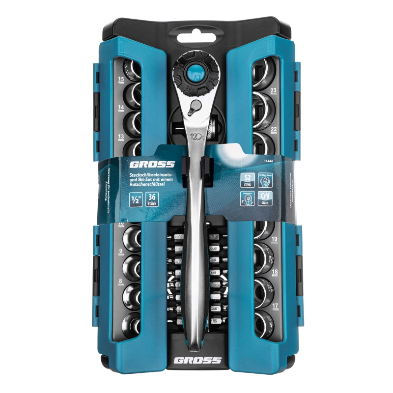 Набор торцевых головок, трещотка 120 зубьев, 1/2", CrV, 36 предметов Gross (14144)
