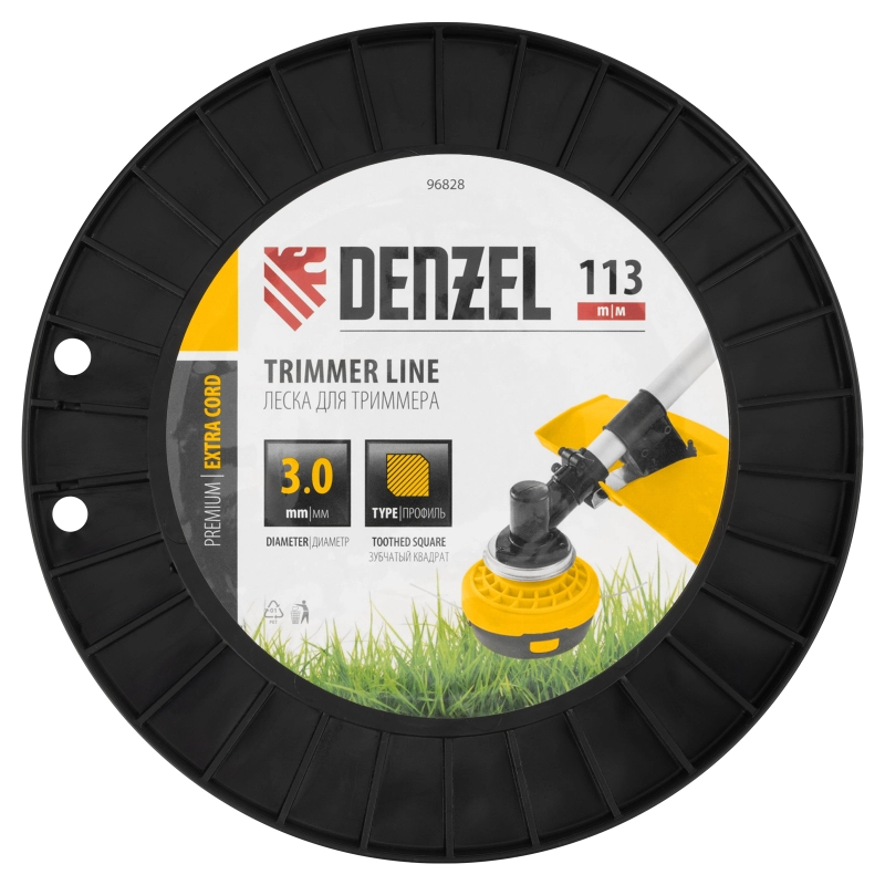 Леска для триммера двухкомпонентная зубчатый квадрат, 3,0мм х 113м, на DIN кат. EXTRA CORD Denzel (96828)