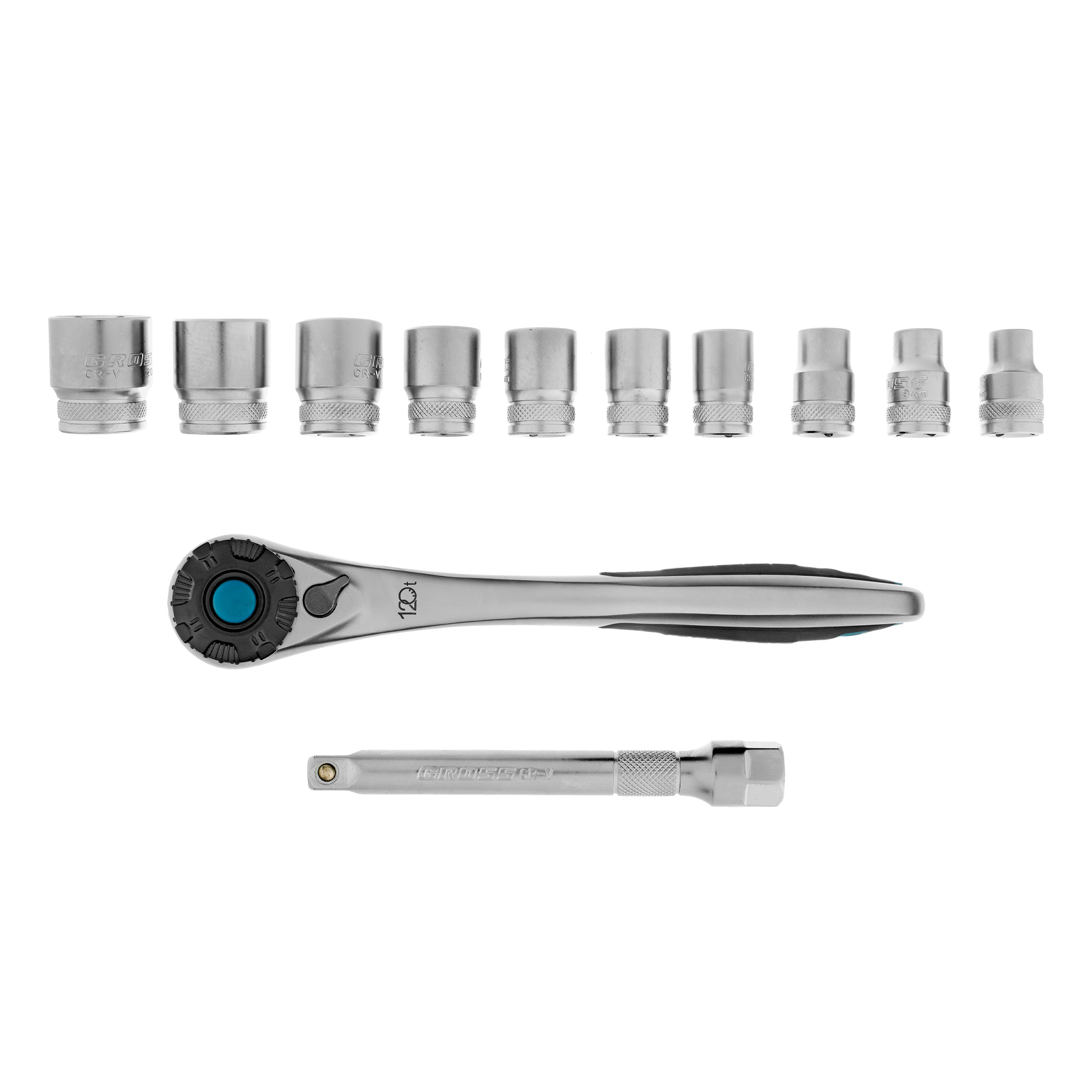 Набор торцевых головок, трещотка 120 зубьев, 3/8", CrV, 12 предметов Gross (14139)