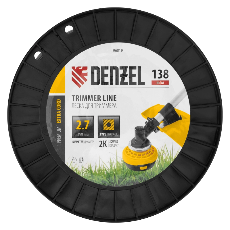 Леска для триммера двухкомпонентная квадрат, 2,7мм х 138м, на DIN катушке EXTRA CORD Denzel (96819)