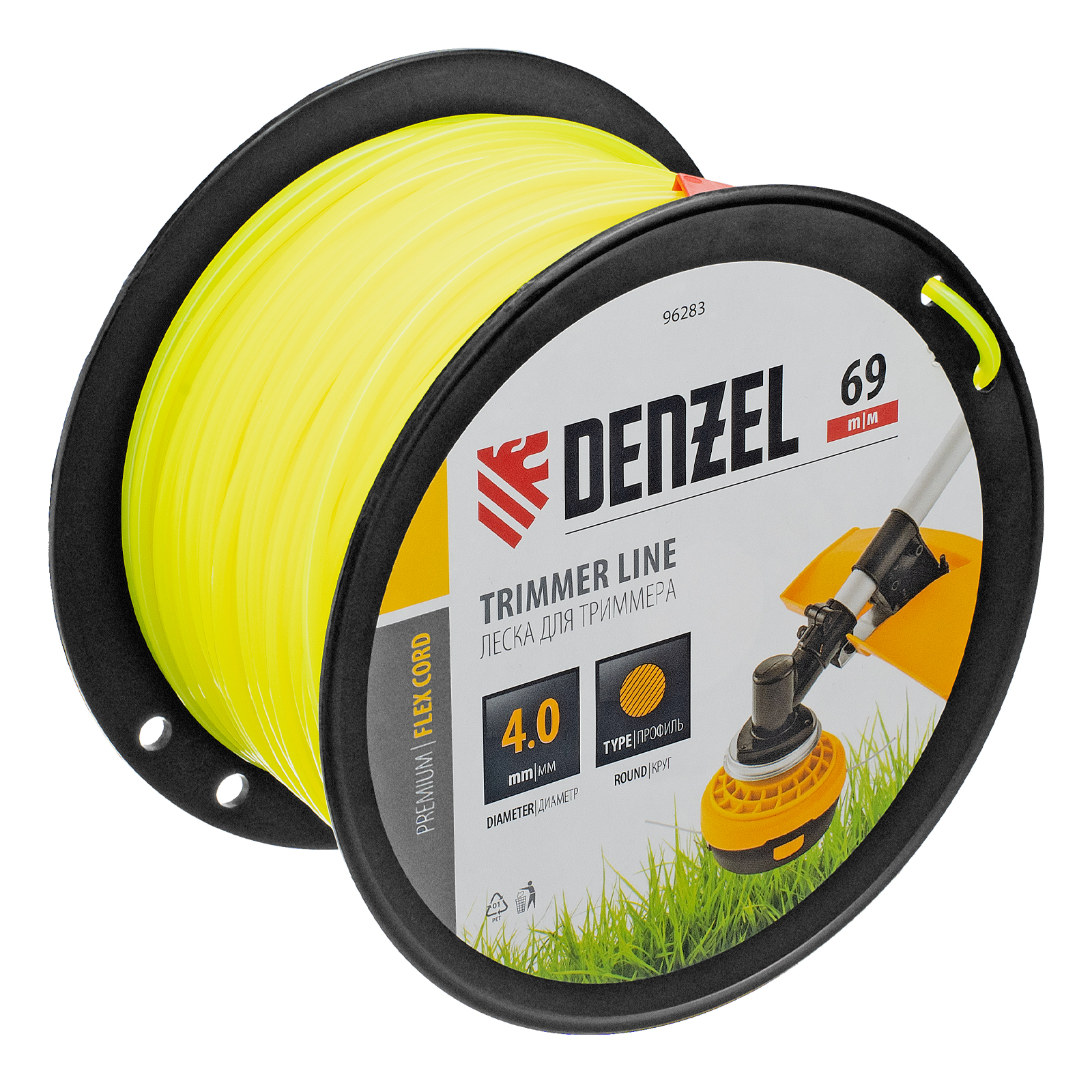 Леска для триммера круглая, 4,0мм х 69м, на DIN катушке FLEX CORD,  Denzel (96283)