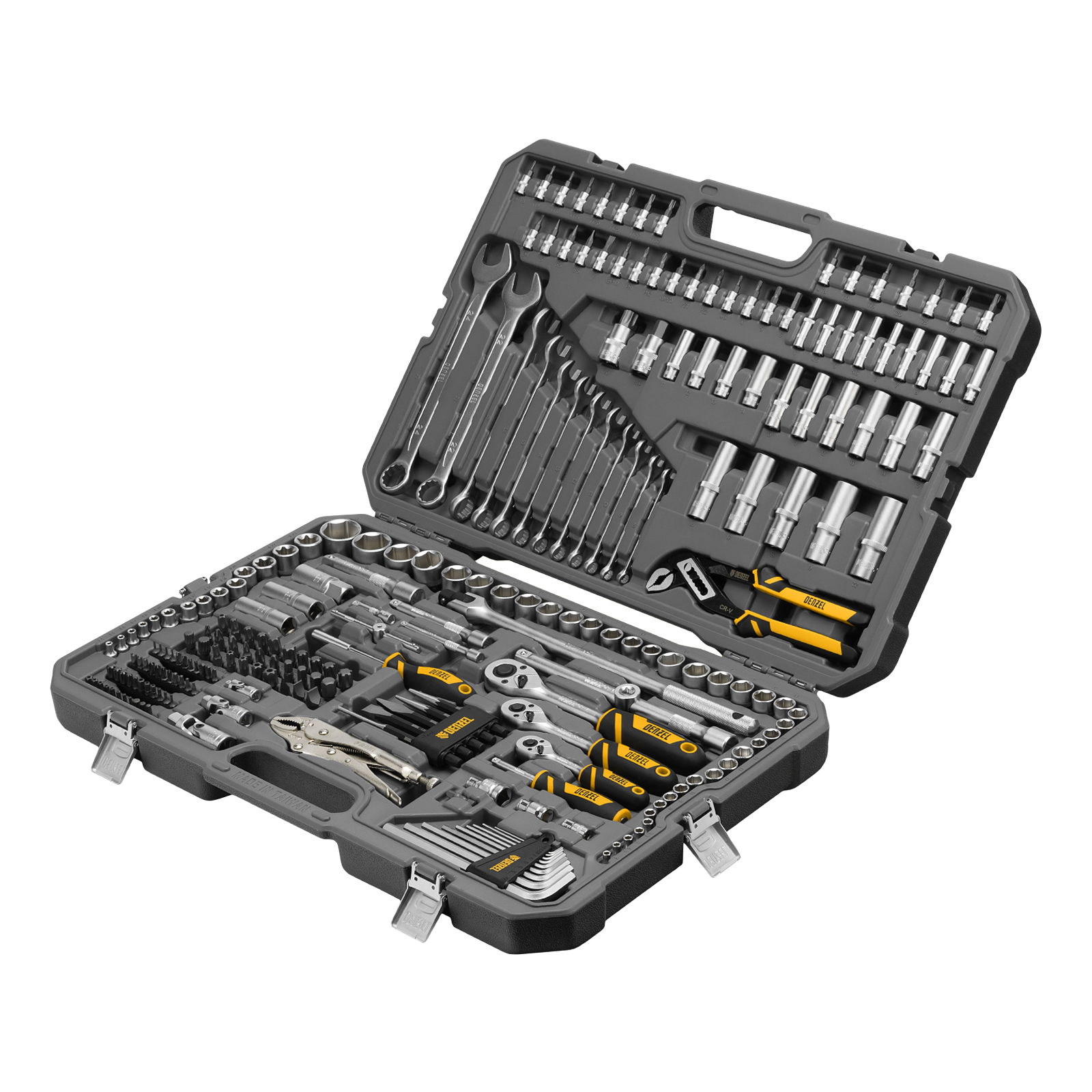 Набор инструментов, 1/2", 3/8", 1/4", CrV, S2, пластиковый кейс, 232 предмета Denzel (15808)