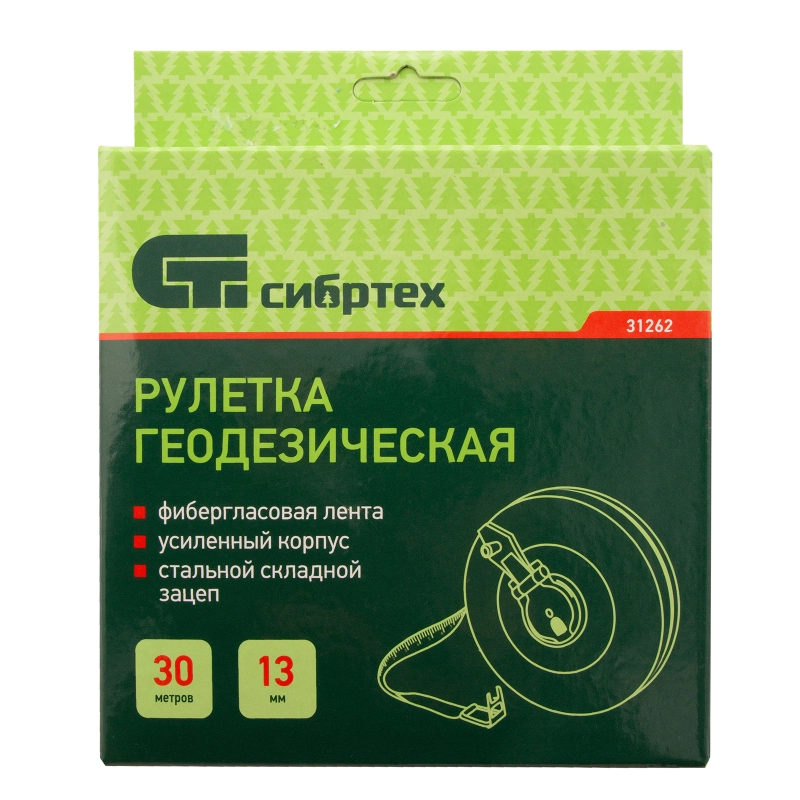 Рулетка геодезическая 30 м х 13 мм, закрытый корпус, фибергласовая лента Сибртех (31262)