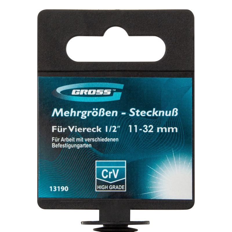 Головка торцевая многоразмерная 11-32 мм, под квадрат 1/2, CrV, хромированная Gross (13190)