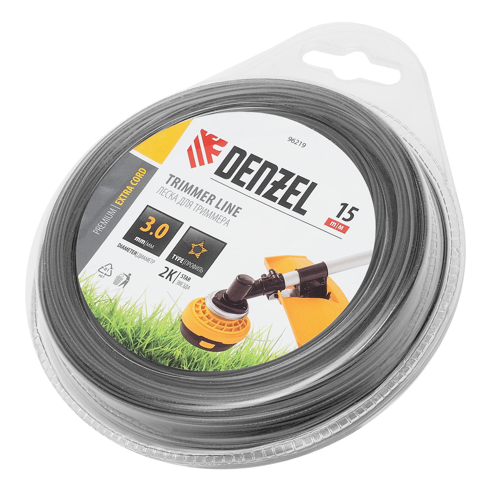Леска для триммера двухкомпонентная звезда, 3,0мм х 15м, блистер EXTRA CORD, Denzel (96219)