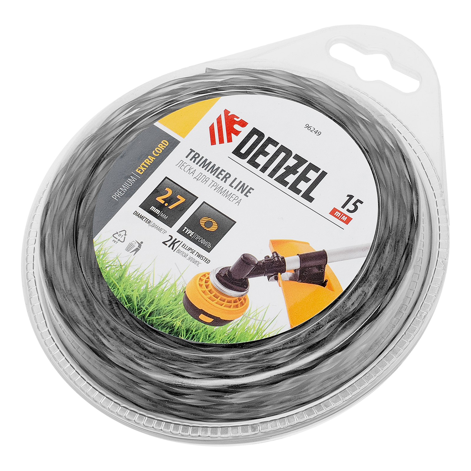 Леска для триммера двухкомпонентная эллипс, 2,7мм х 15м, блистер EXTRA CORD,  Denzel (96249)