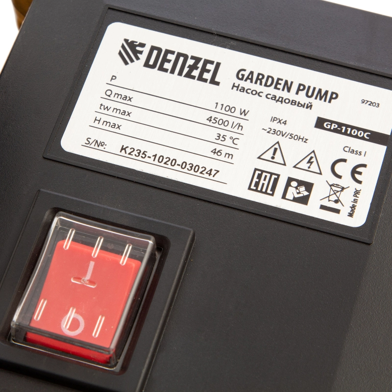 Садовый поверхностный насос GP1100C, 1100 Вт, 4500 л/ч, подъем 46 м, чугун Denzel (97203)