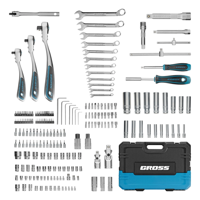 Набор инструментов, 1/2", 3/8", 1/4", CrV, 120 зубьев, 216 предметов Gross (14157)
