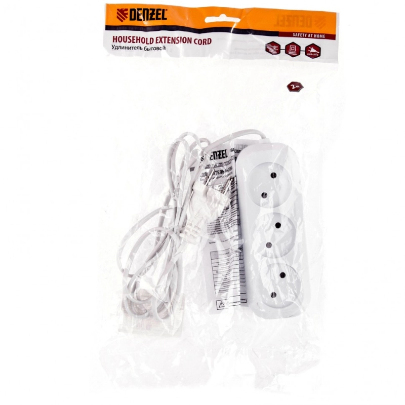 Удлинитель бытовой, без заземления, 2 м, 3 розетки, 6 A, серия УХ6 Denzel (95925)