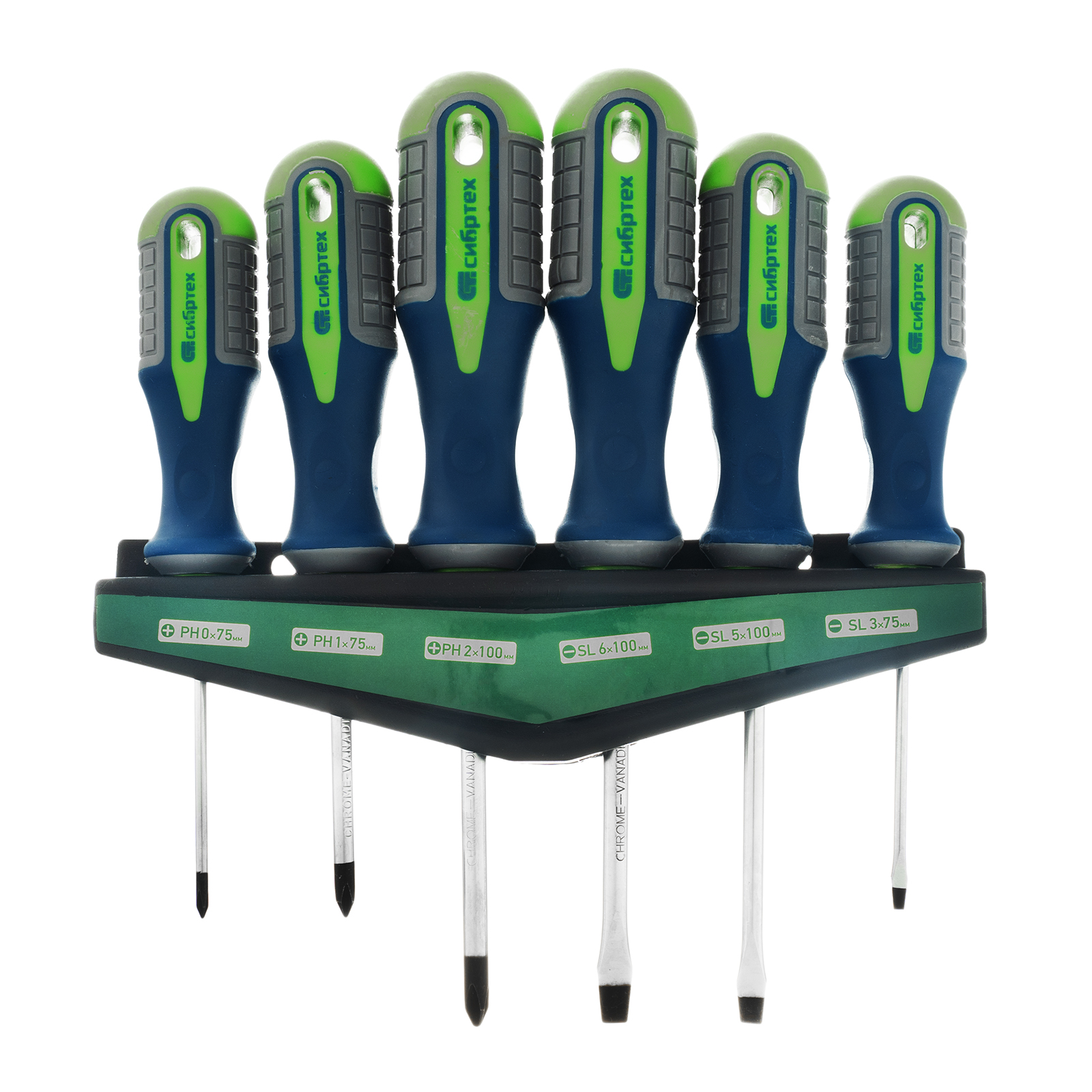 Набор отверток, CrV, трехкомпонентные рукоятки, 6 предметов Сибртех (13374)