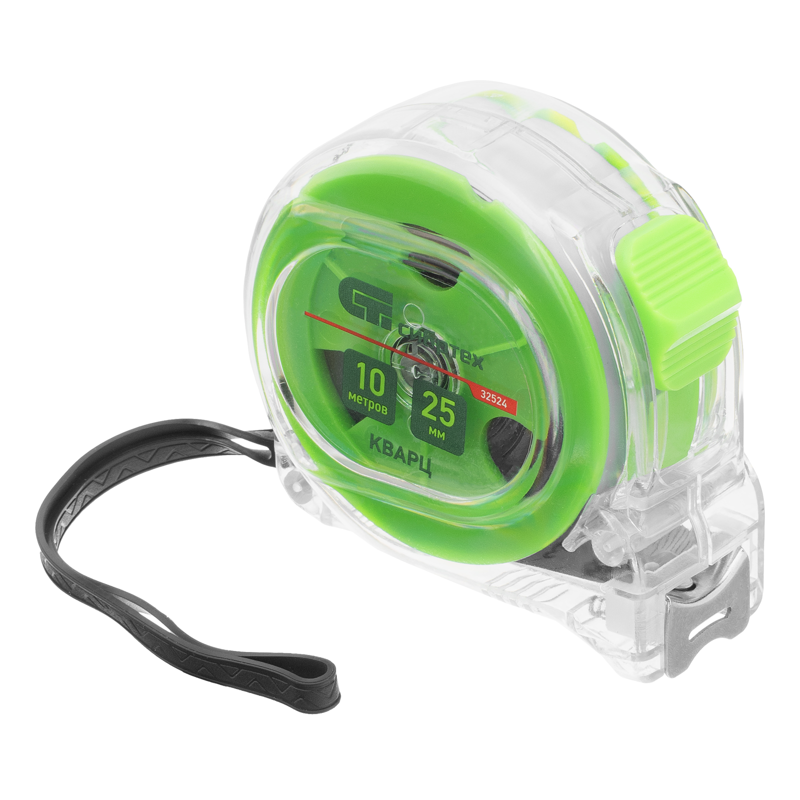 Рулетка Кварц,прозрачный корпус,амортизатор,10 м х 25 мм Сибртех (32524)