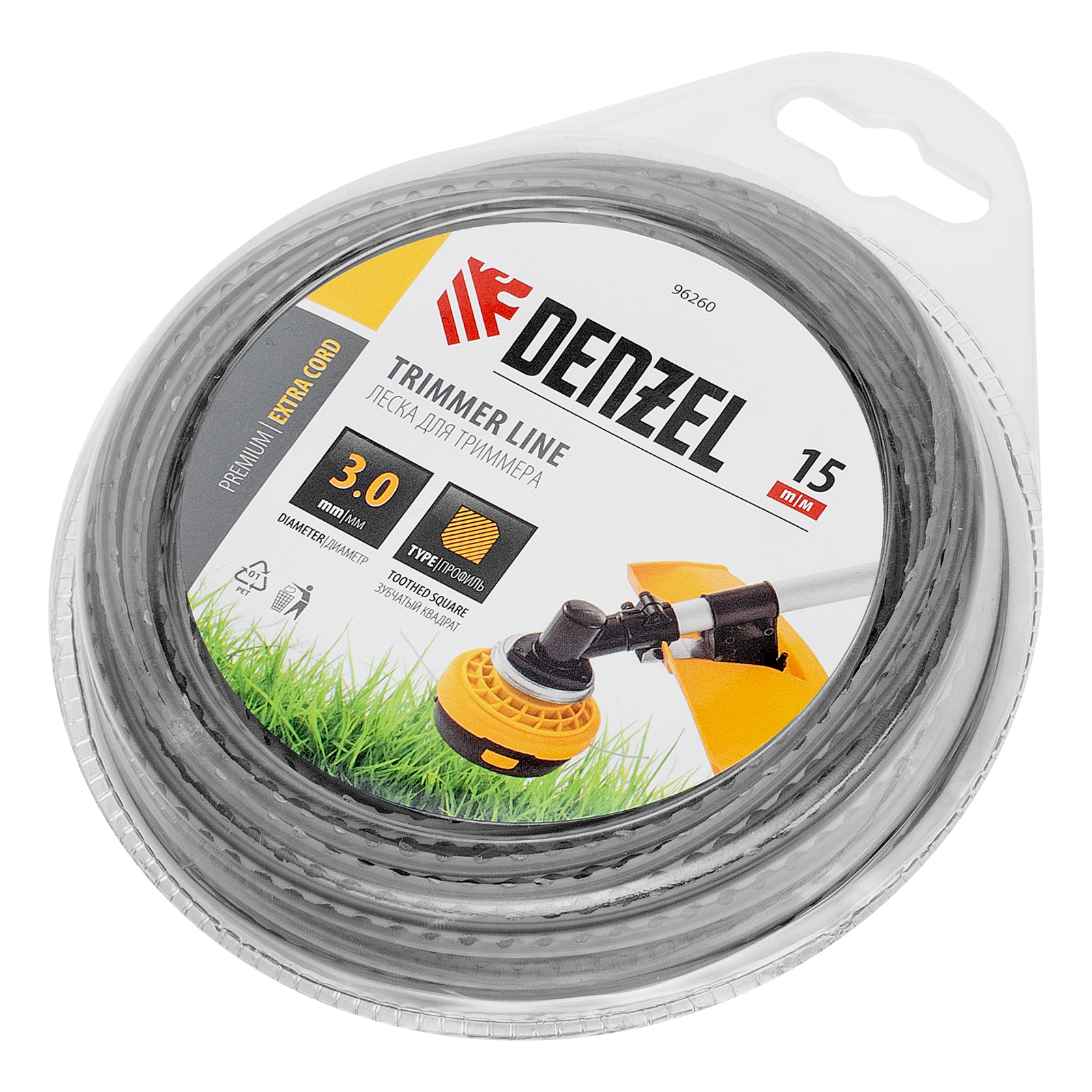Леска для триммера двухкомпонентная зубчатый квадрат, 3,0мм х 15м, блистер EXTRA CORD Denzel (96260)