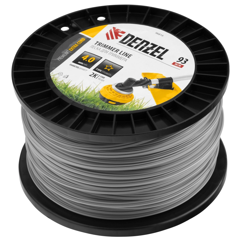 Леска для триммера двухкомпонентная звезда, 4,0мм х 93м, на DIN катушке EXTRA CORD Denzel (96816)
