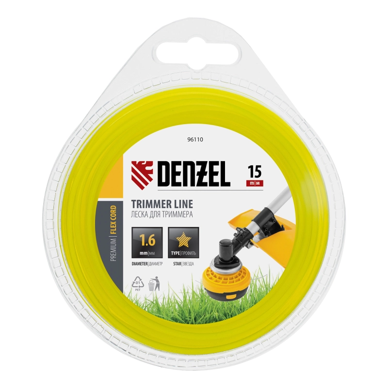 Леска для триммера, звезда 1.6 мм х 15 м, блистер Flex cord Denzel (96110)