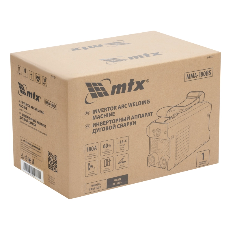 Инверторный аппарат дуговой сварки MMA-180BS, 180 А, ПВ 60% MTX (94397)