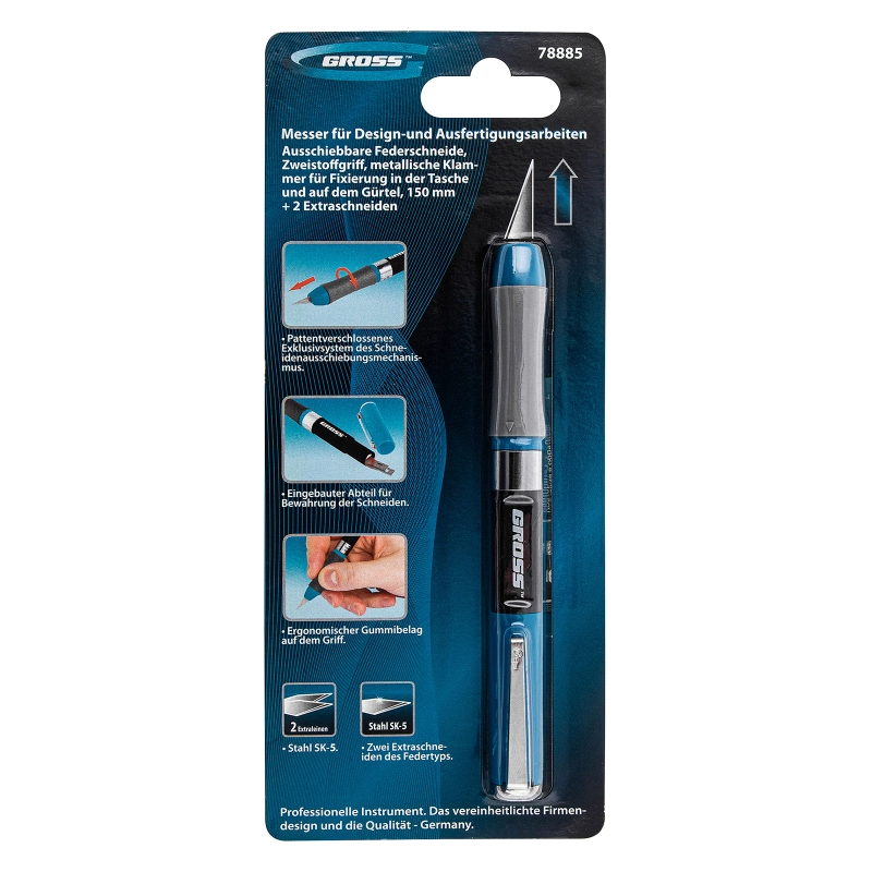 Нож для дизайна, выдвижное перовое лезвие, двухкомпонентная рукоятка, металлическая клипса для фиксации, 150 мм, 2 запасных лезвия Gross (78885)