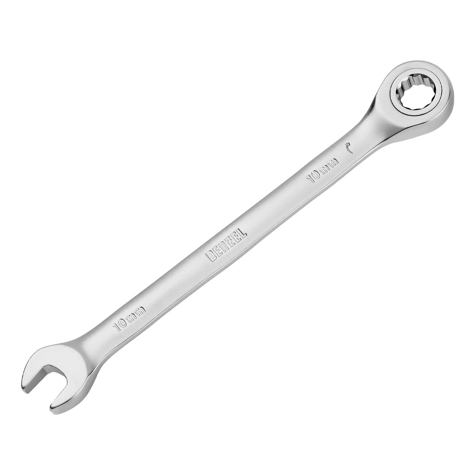 Ключ комбинированный трещоточный, 10 мм, CrV, матовый хром Denzel (14704)