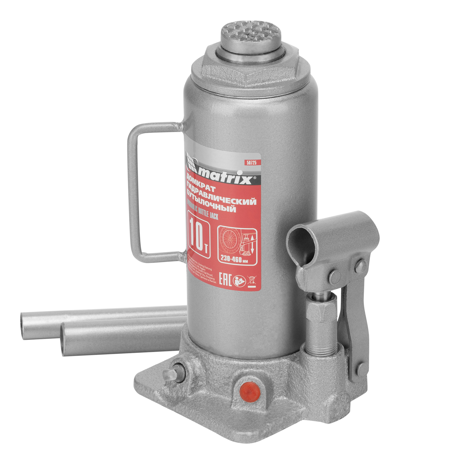 Домкрат гидравлический бутылочный, 10 т, высота подъема 230-460 мм Matrix (50725)