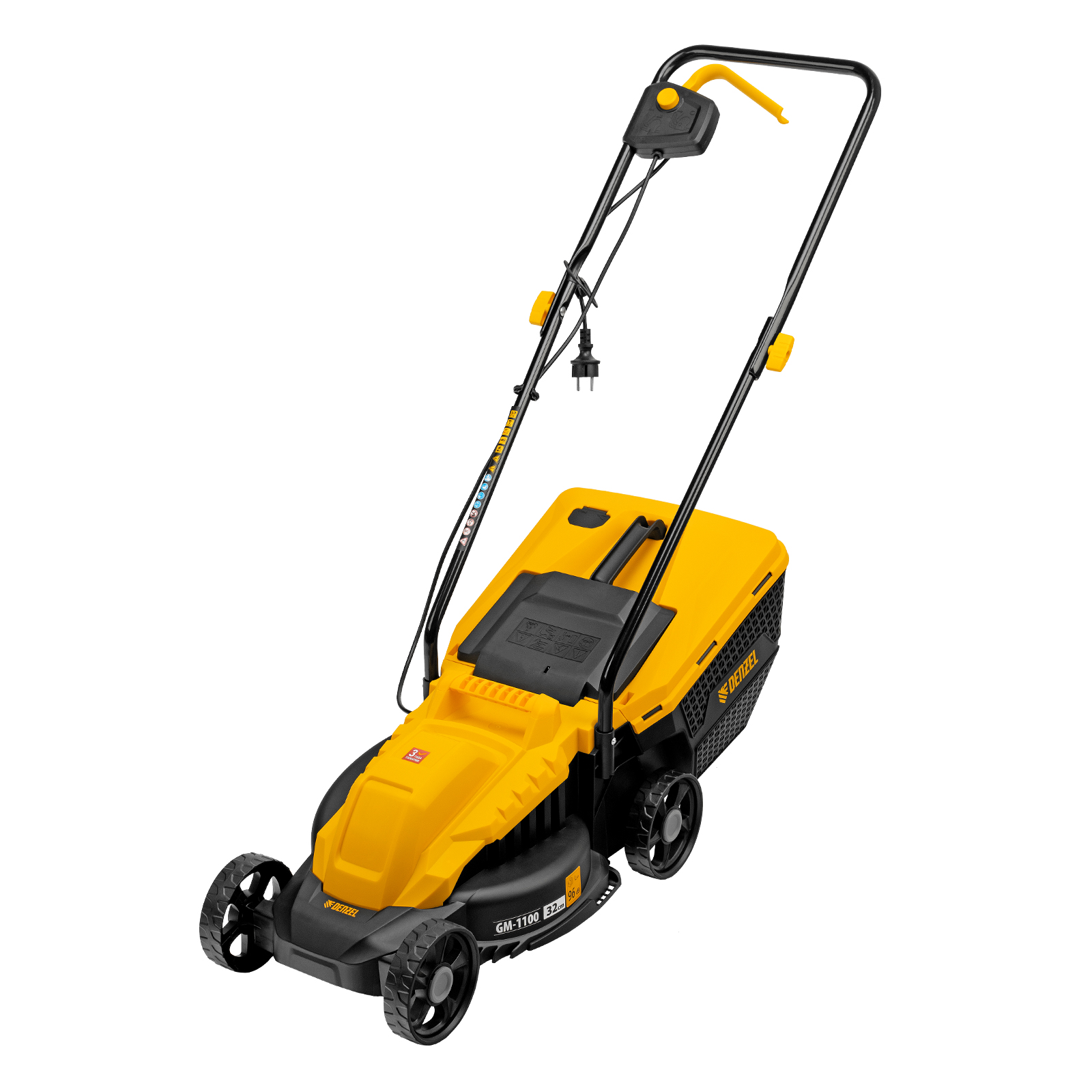 Газонокосилка электрическая GM-1100, 1100 Вт, шир. 32 см, 3 уров., травосб. 30 л Denzel (96626)