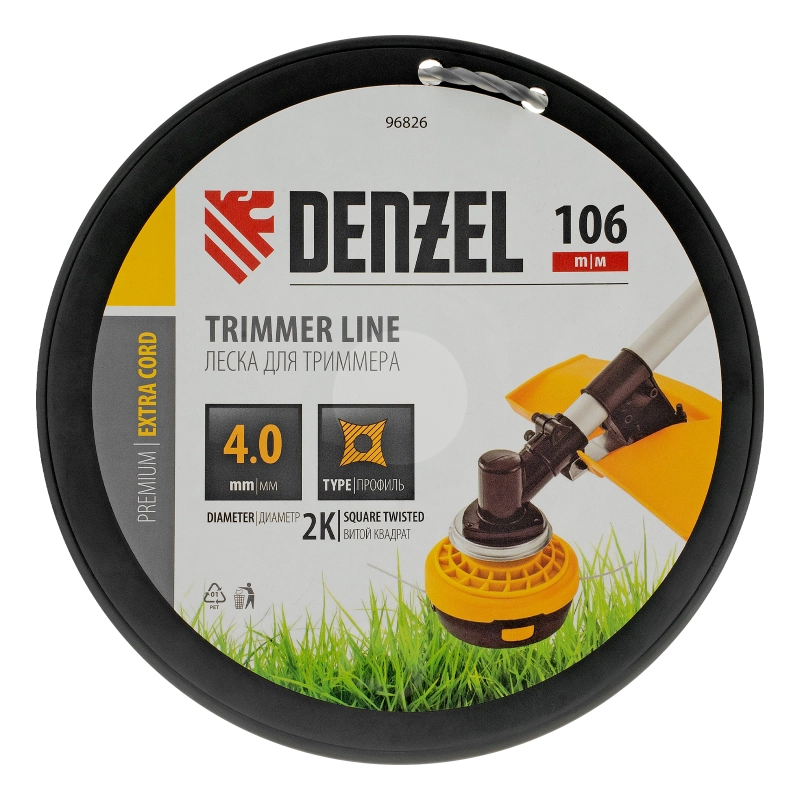 Леска для триммера двухкомпонентная витой квадрат, 4,0мм х 106м, на DIN катушке EXTRA CORD Denzel (96826)