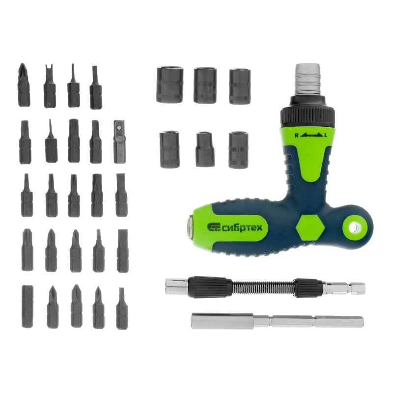 Отвертка Т-образная реверсивная с набором бит, торцевых головок, 33 предмета, CrV Сибртех (13382)