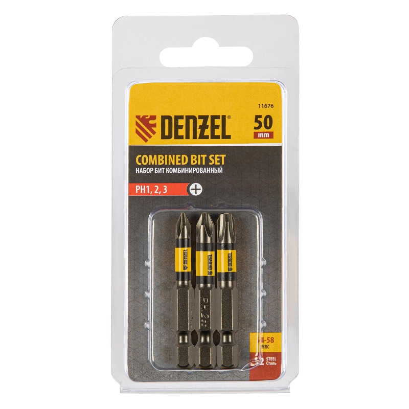 Набор бит комбинированный 3 шт., РН1, РН2, РН3, 50 мм, сталь S2 Denzel (11676)