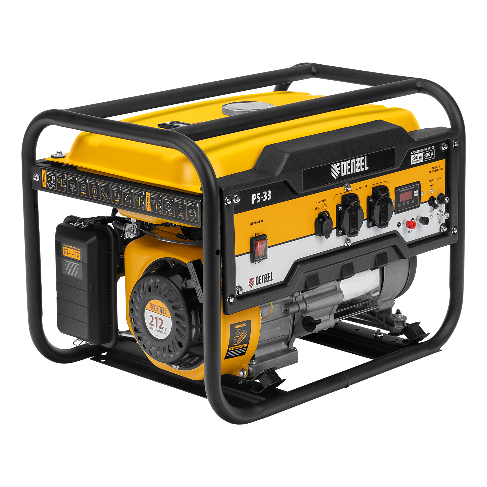 Генератор бензиновый PS 33, 3.3 кВт, 230 В, 15 л, ручной стартер Denzel (946834)