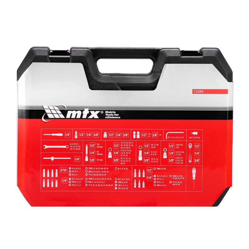 Набор инструментов, 1/2", 3/8", 1/4", пластиковый кейс 215 предметов MTX (13589)