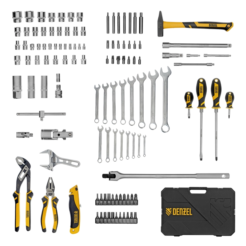 Набор инструментов, 1/2", 1/4", CrV, S2, пластиковый кейс, 122 предмета Denzel (15804)