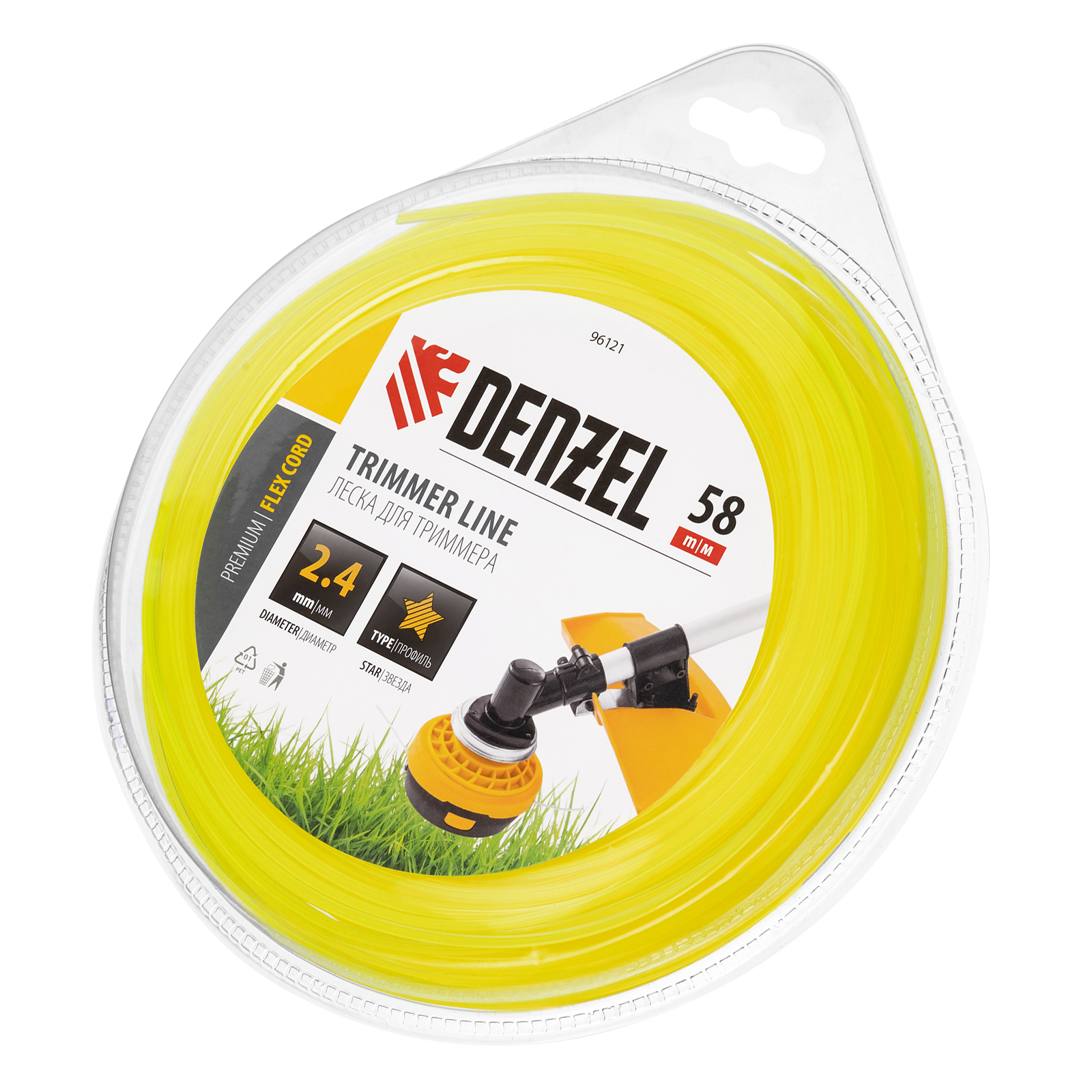 Леска для триммера, звезда 2.4 мм х 58 м, блистер Flex cord Denzel (96121)