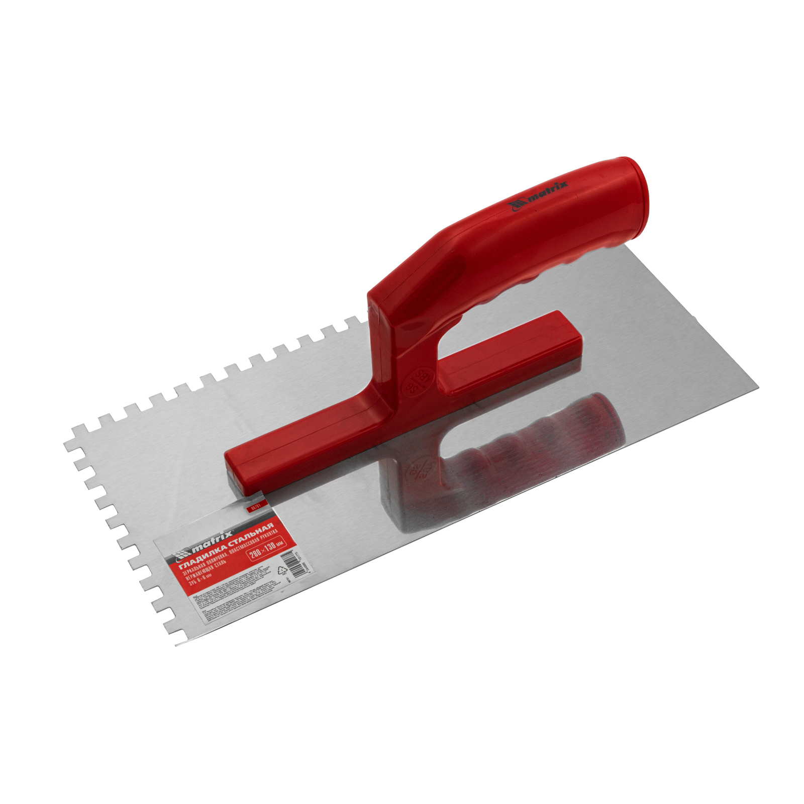 Гладилка из нержавеющей стали, 280 х 130 мм, зеркальная полировка, пластмассовая ручка, зуб 6 х 6 мм Matrix (86781)