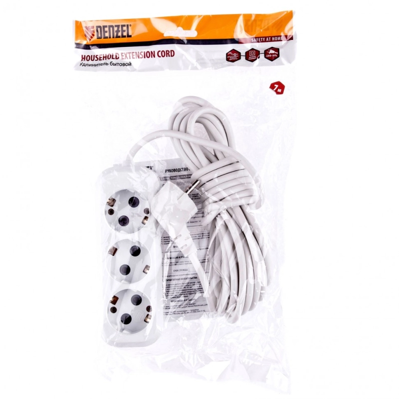 Удлинитель бытовой, серия УХз-10-307, с заземлением, 7 м, 3 розетки, 10 А Denzel (95968)
