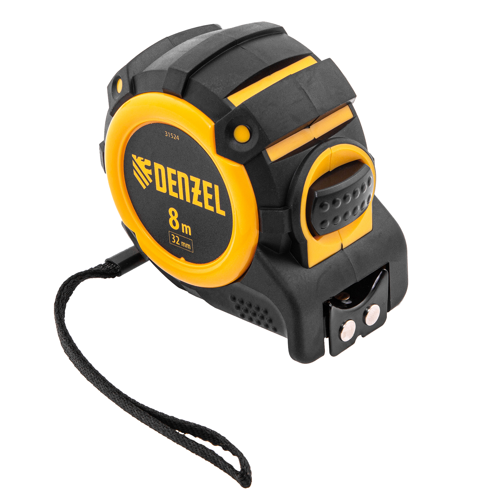 Рулетка 8м х 32мм, автоматич. фиксац., нейлон. покрытие, магнит. зацеп, двухстор. разметка Denzel (31524)
