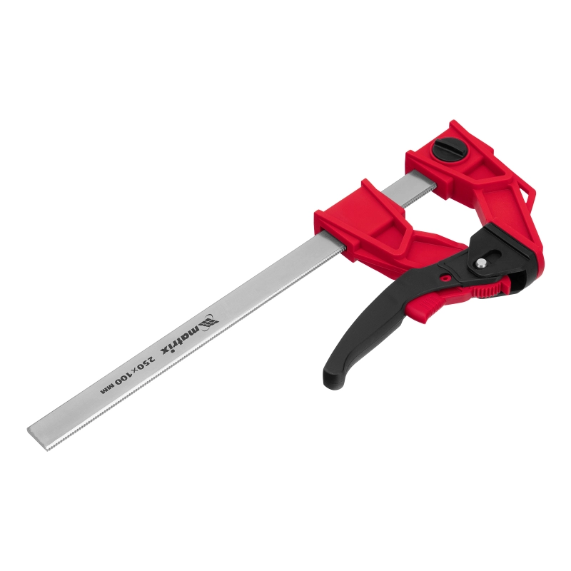 Струбцина реечная быстрозажимная, усиленная, пластиковый корпус рычажно-храповой механизм, 250 х 100 х 401 мм, штанга 5 х 22 мм Matrix (20727)