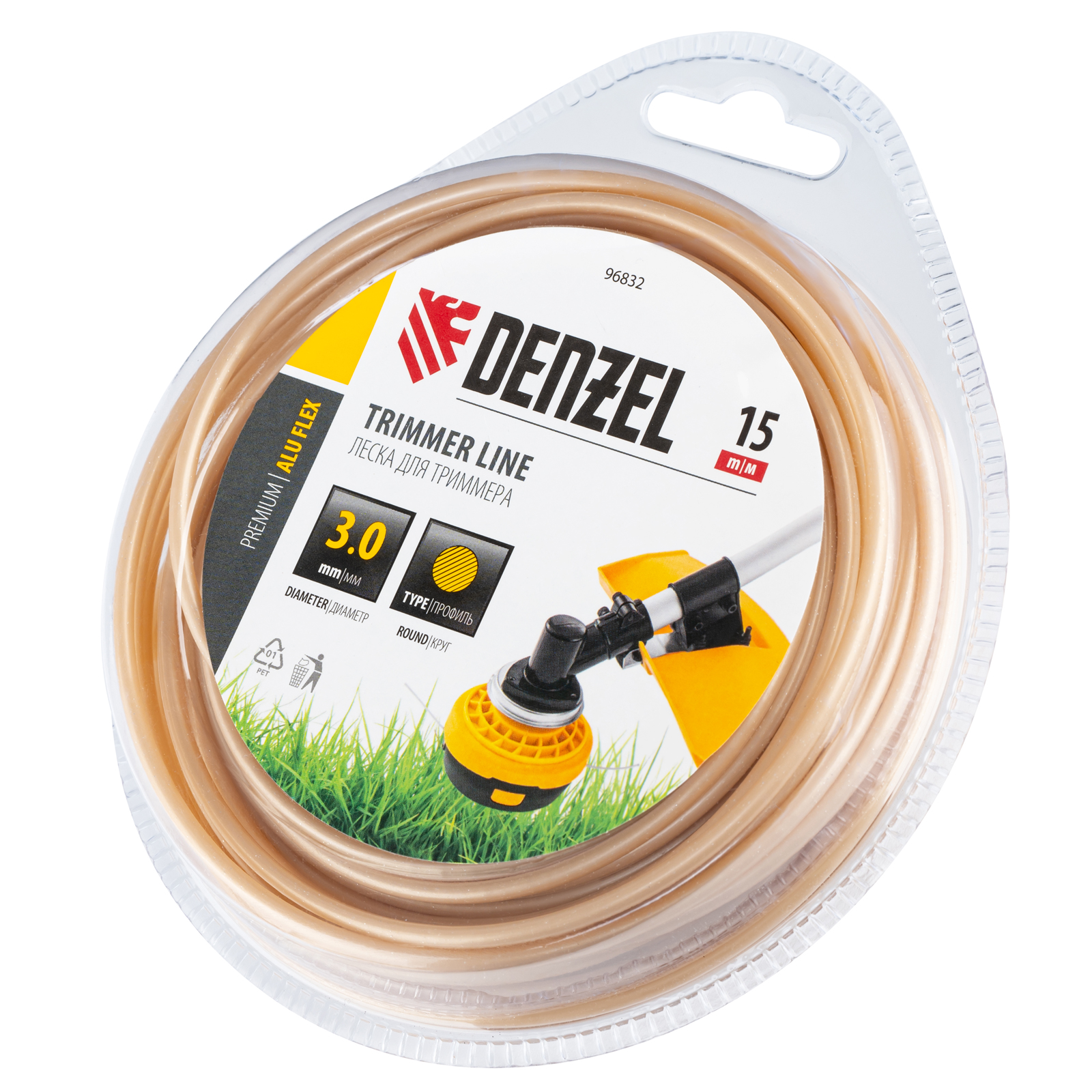 Леска для триммера армированная алюминием круглая, 3,0мм х 15м, блистер ALUFLEX Denzel (96832)