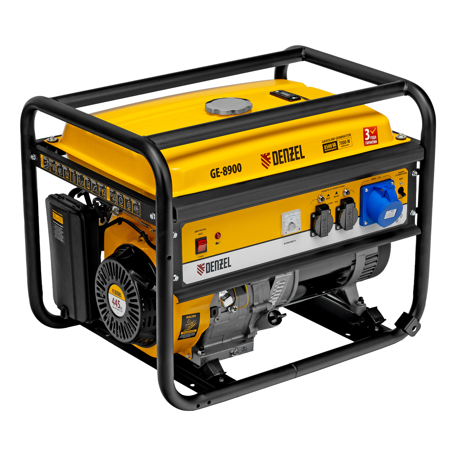 Генератор бензиновый GE 8900, 8.5 кВт, 220 В/50 Гц, 25 л, ручной старт Denzel (94639)