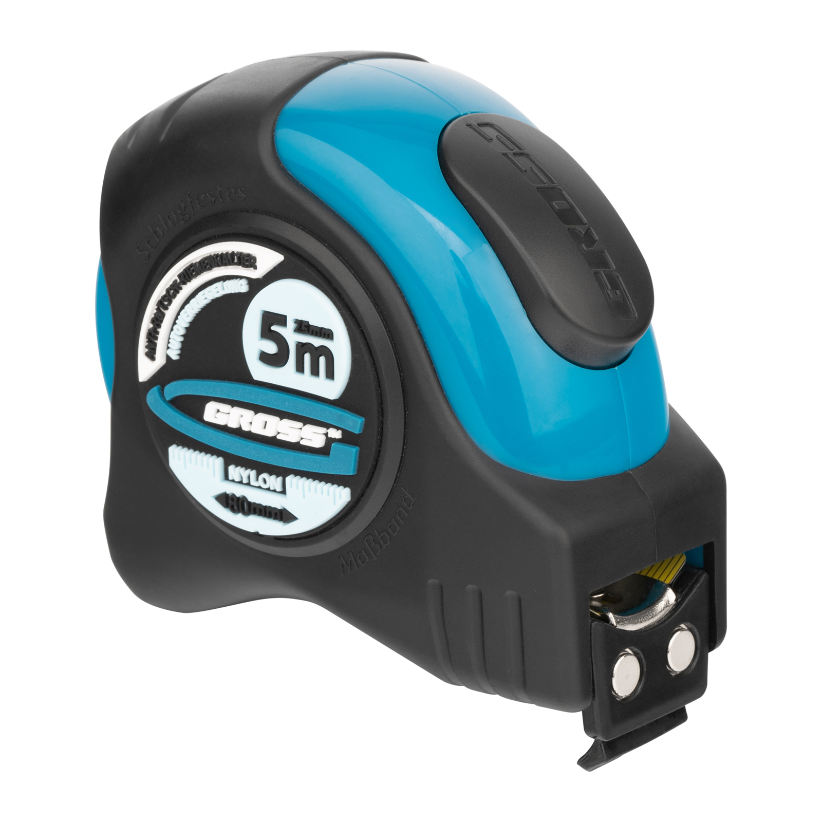 Рулетка "Schlagfest",5 м x 25 мм,магнитный обрезиненный зацеп,двусторонняя шкала,Нейлоновое покрытие,автоматическая фиксация Gross (31113)