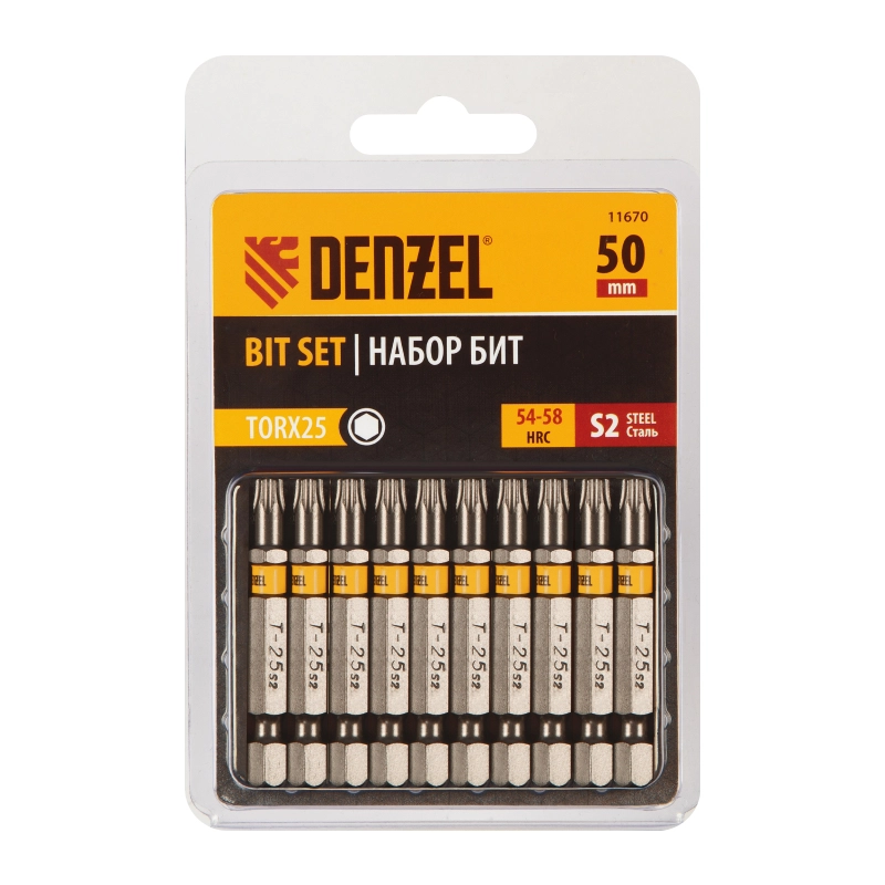 Бита TX 25х50, сталь S2, шестигранный профиль, 10 шт. Е 6,3 Denzel (11670)