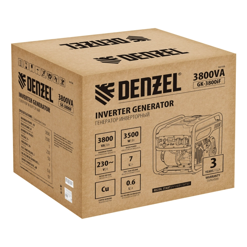Генератор инверторный GK-3800iF, 3,8 кВт, 230 В, ручной старт DENZEL (94708)