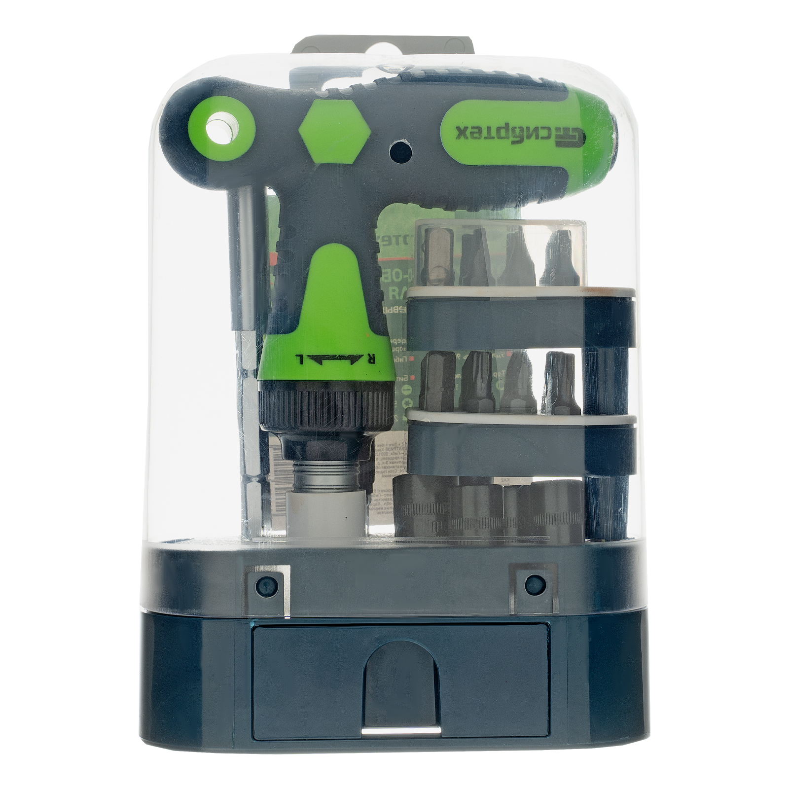 Отвертка Т-образная реверсивная с набором бит, торцевых головок, 33 предмета, CrV Сибртех (13382)