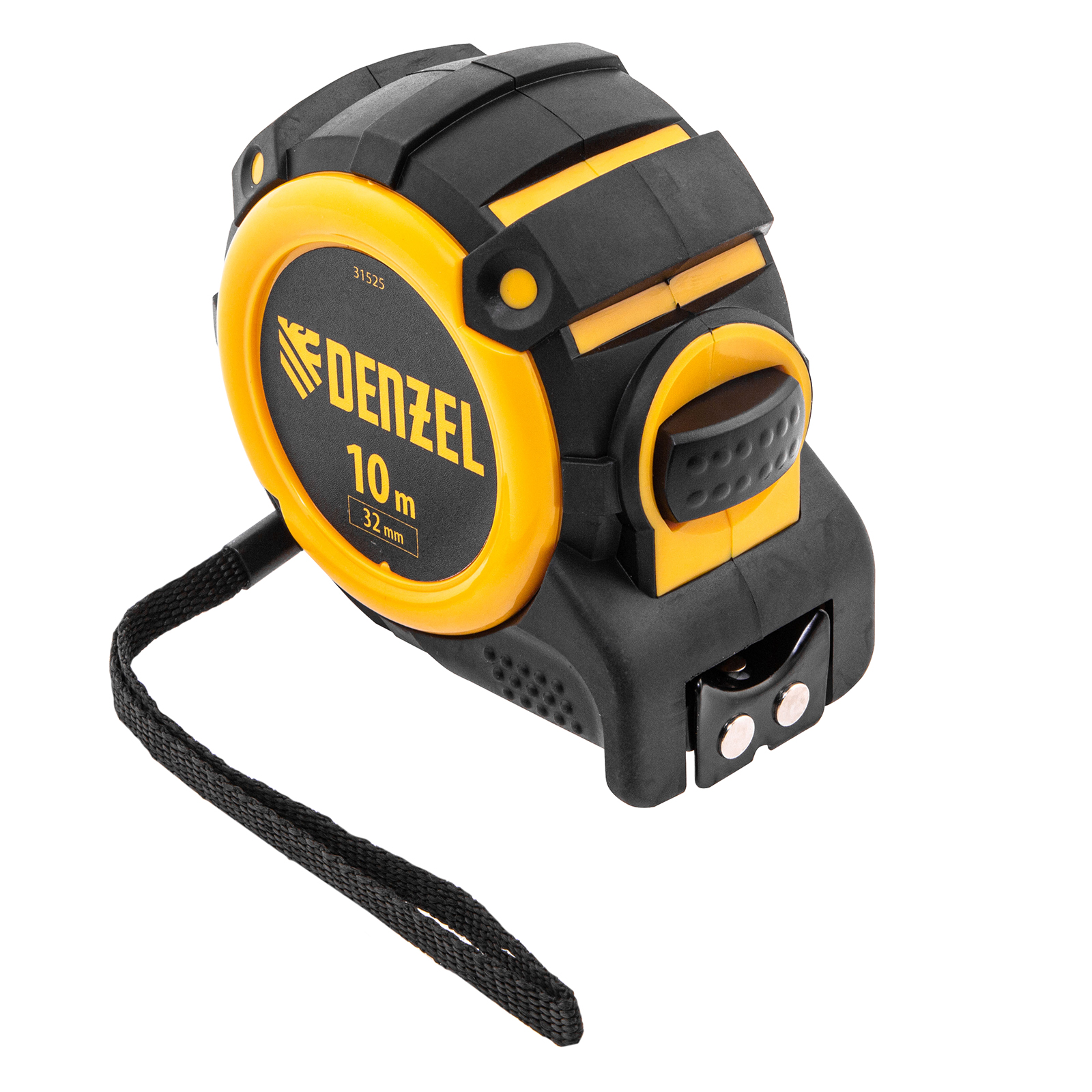 Рулетка 10м х 32мм, автоматич. фиксац., нейлон. покрытие, магнит. зацеп, двухстор. разметка Denzel (31525)