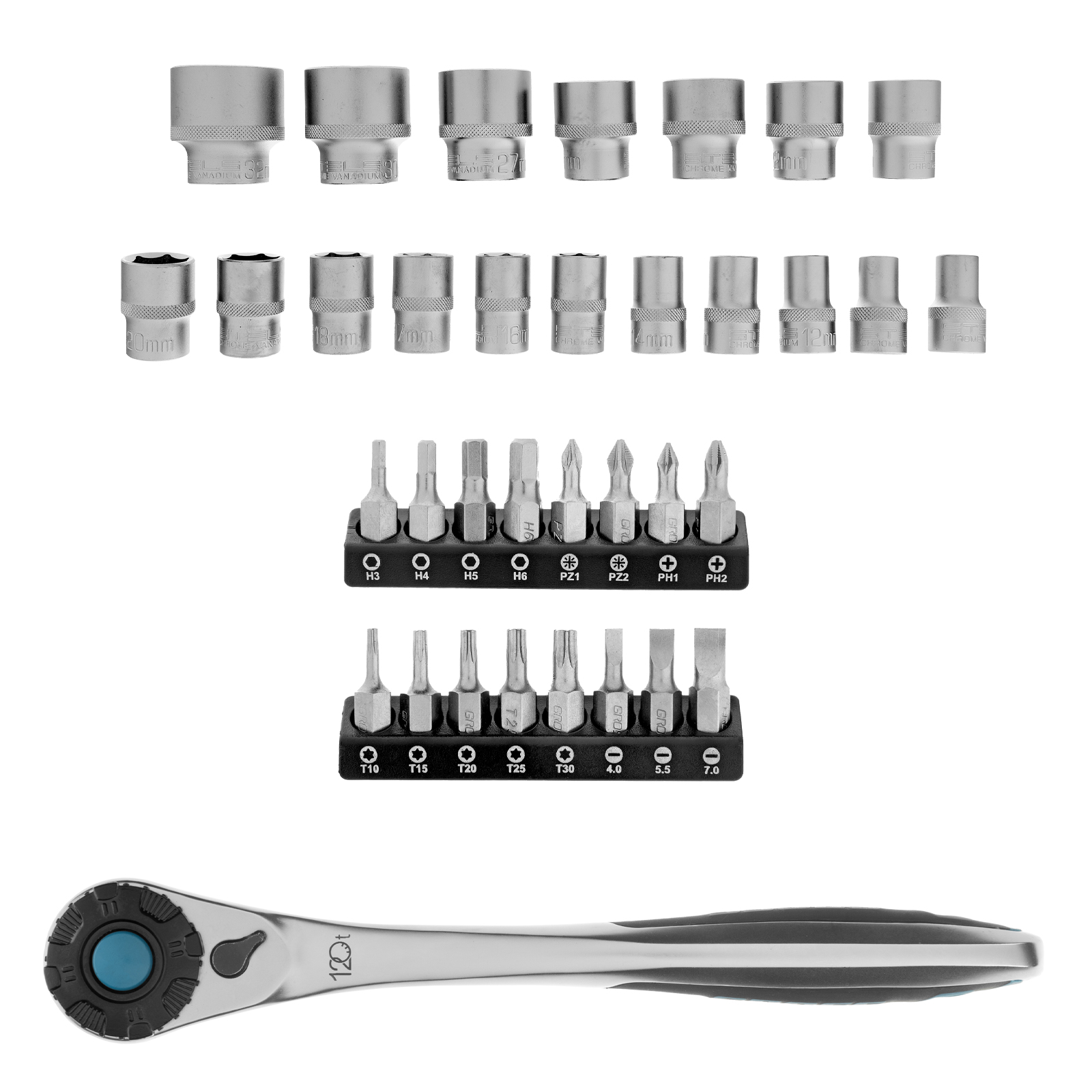Набор торцевых головок, трещотка 120 зубьев, 1/2",3/8”, CrV, 36 предметов Gross (14145)
