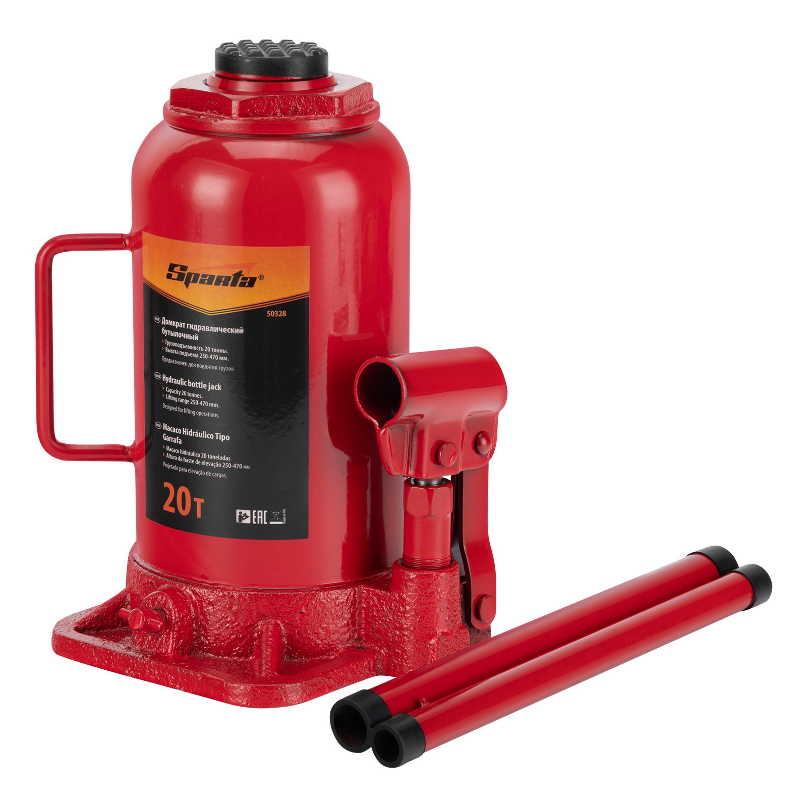 Домкрат гидравлический бутылочный, 20 т, h подъема 250-470 мм Sparta (50328)