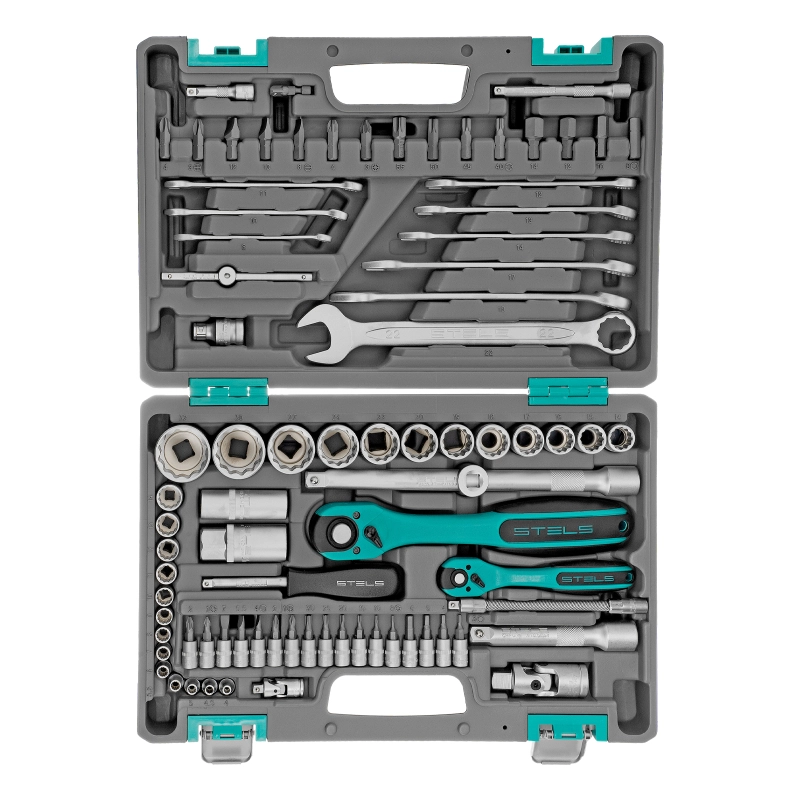 Набор инструментов 1/2", 1/4", CrV, 12 гранные головки, пластиковый кейс, 82 предмета Stels (14117)